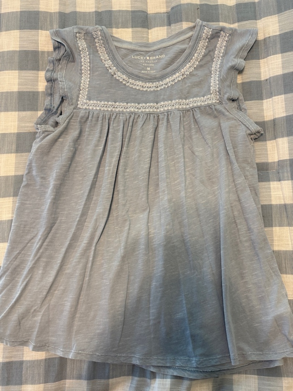 Lucky Brand Dusty Blue Embroidered Yoke Flutter Top